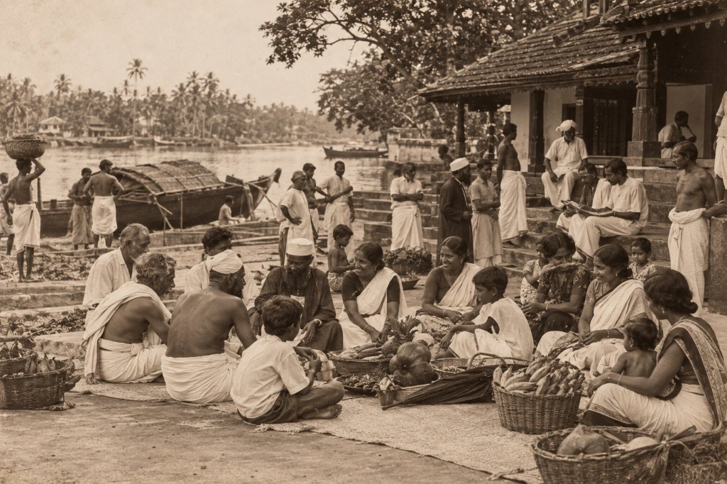 Generations of Kerala community members gathered peacefully by the riverside marketplace in traditional fellowship