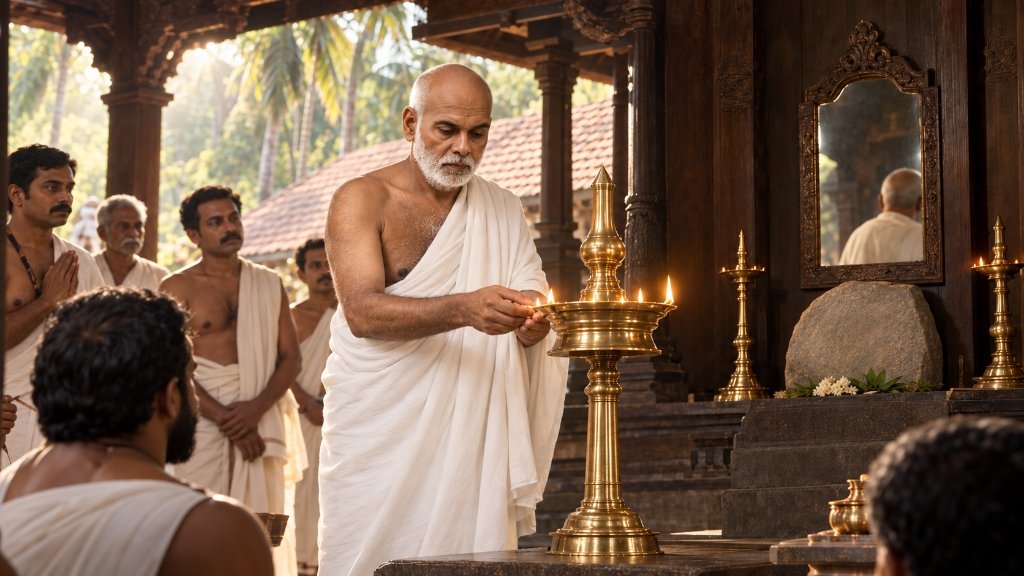 Sree Narayana Guru in white robes lighting a sacred brass oil lamp surrounded by reverent disciples in a traditional Kerala shrine courtyard